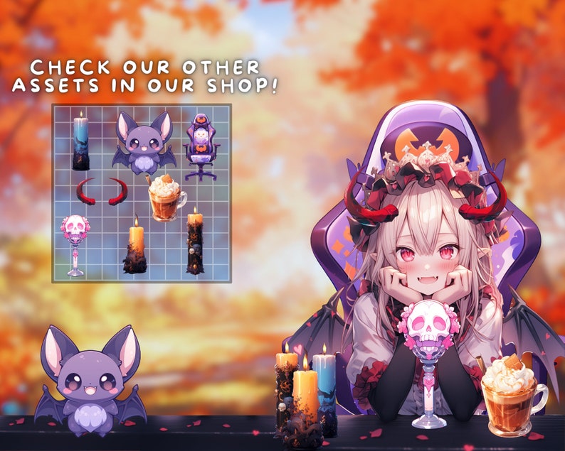 May include: A purple and black gaming chair with a crown and horns. A cute cartoon bat and a skull with a drink inside are on the table in front of the chair. The text "CHECK OUR OTHER ASSETS IN OUR SHOP!" is at the top of the image.