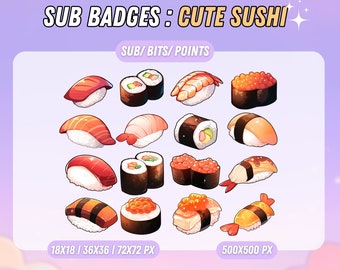 Cute Fresh Sushi Sub Badges, Twitch bit badges, sub badges for Twitch, Twitch subscription badges, Point badges, Live Stream Badge