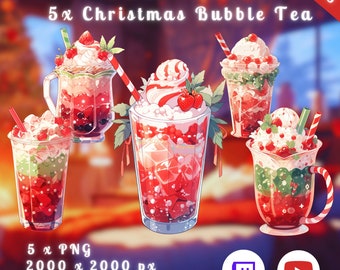 Christmas Vtuber Bubble Tea 5x | Transparent | Xmas Beverage | Cozy | Digital Prop | Digital Assets | Instant Download | Stream Decoration