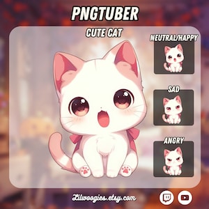 Puede incluir: Una ilustraci&oacute;n digital de un lindo gato de dibujos animados con orejas rosas, cuerpo blanco y un lazo rosa. El gato est&aacute; sentado con la boca abierta y los ojos muy abiertos. La imagen est&aacute; etiquetada como "PNGTuber Cute Cat" e incluye cuatro expresiones diferentes del gato: neutral/feliz, triste y enojado.