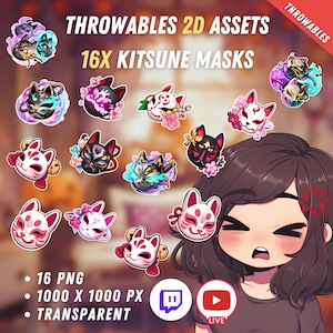 May include: A set of 16 digital illustrations of kitsune masks. The masks are in various colours and designs, including red, pink, black, and white. The masks are all 1000 x 1000 pixels and are transparent PNG files. The text "THROWABLES 2D ASSETS 16X KITSUNE MASKS" is at the top of the image. The text "16 PNG, 1000 X 1000 PX, TRANSPARENT" is at the bottom of the image.