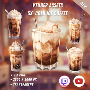 May include: Five illustrations of iced coffee drinks with whipped cream and ice cubes. The drinks are in different glasses and have a brown and white color scheme. The text "VTUBER ASSETS 5X COLD ICE COFFEE" is at the top of the image.