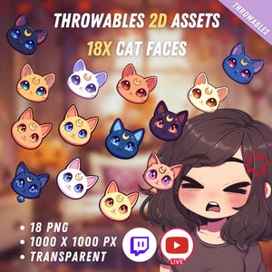 May include: A digital art graphic featuring 18 cat faces with crescent moon accents in various colors, including blue, orange, and white. The text "THROWABLES 2D ASSETS" and "18x CAT FACES" are displayed above the cat faces.