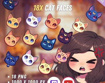 Bundle of Throwable Cute Cat Heads Assets 16x | Transparent | Kawaii | 2D Digital Assets | Digital Download | Stream Decoration