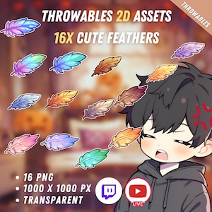 投げられるかわいい羽のアセット 16 個セット | 透明 | かわいい | 2D デジタル アセット | デジタル ダウンロード | ストリーム デコレーション