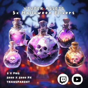 Puede incluir: Cinco botellas de poción con temática de Halloween con un diseño de calavera. Las botellas son moradas, rosas y doradas con un fondo negro. Las botellas son de 2000 x 2000 píxeles y archivos PNG transparentes.