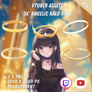 Puede incluir: Cinco imágenes PNG transparentes de anillos de halo dorados, cada una de 2000 x 2000 píxeles. Los anillos se muestran sobre un fondo con una chica de anime de dibujos animados que lleva un vestido negro y un anillo de halo. El texto "VTUBER ASSETS" y "5X ANGELIC HALO RING" está en la parte superior de la imagen. El texto "NEW" está en la esquina superior derecha. El texto "LIVE" está en la esquina inferior izquierda. Los logotipos de YouTube y Twitch están en la esquina inferior derecha.