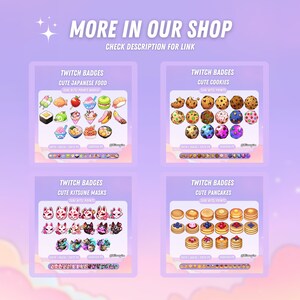 Puede incluir: Cuatro ilustraciones digitales de insignias de Twitch con comida japonesa linda, galletas, m&aacute;scaras kitsune y panqueques. Cada ilustraci&oacute;n incluye el texto "Twitch Badges" y el nombre del tema, junto con el texto "Sub/Bits/Points" y el tama&ntilde;o de las insignias en p&iacute;xeles.