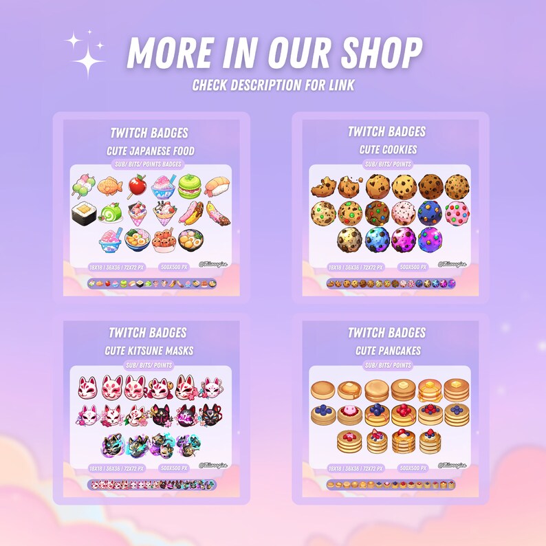 Puede incluir: Cuatro ilustraciones digitales de insignias de Twitch con comida japonesa linda, galletas, m&aacute;scaras kitsune y panqueques. Cada ilustraci&oacute;n incluye el texto "Twitch Badges" y el nombre del tema, junto con el texto "Sub/Bits/Points" y el tama&ntilde;o de las insignias en p&iacute;xeles.