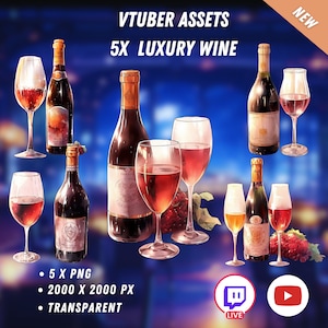 Vtuber 高級ワイン 5 本 | スパークリング シャンパン | Vtuber 飲料 | アニメ | PNGtuber アセット | デジタル ダウンロード | ストリーム オーバーレイ デコレーション