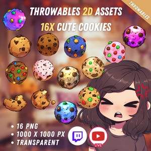 May include: 16 digital illustrations of cute cookies in various colors and designs. The cookies are 1000 x 1000 pixels and are transparent PNG files. The text "THROWABLES 2D ASSETS 16X CUTE COOKIES" is at the top of the image. The text "16 PNG 1000 X 1000 PX TRANSPARENT" is at the bottom of the image.