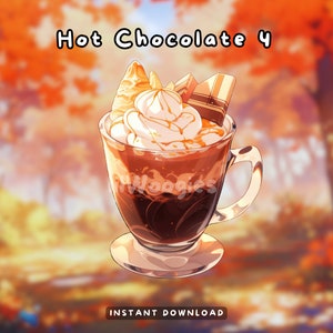 May include: A glass mug filled with hot chocolate topped with whipped cream, caramel sauce, a chocolate bar, and a meringue cookie. The background is a blurred image of autumn leaves.