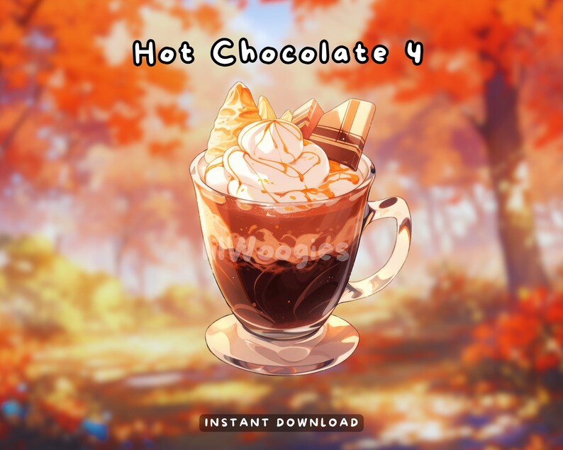 May include: A glass mug filled with hot chocolate topped with whipped cream, caramel sauce, a chocolate bar, and a meringue cookie. The background is a blurred image of autumn leaves.