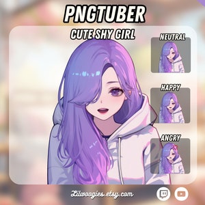 かわいい恥ずかしがり屋の女の子 PNGTuber | 紫髪 | かわいい | Twitch 対応 | VTuber アバター ストリーミング | Vtuber アセット | OBS | 既製 | Discord