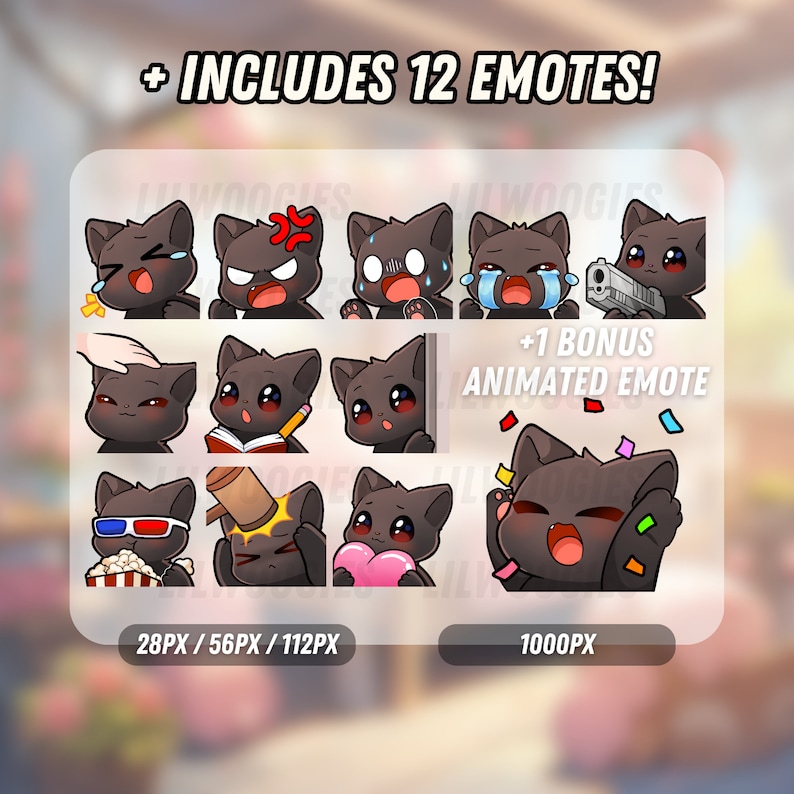 Pu&ograve; includere: Un set di 12 emoji di gatto nero, tra cui un emoji animato bonus. Gli emoji sono in varie pose ed espressioni, come piangere, arrabbiarsi ed essere sorpresi. Gli emoji sono disponibili in tre dimensioni: 28px, 56px e 112px. Gli emoji sono anche disponibili in una dimensione di 1000px.