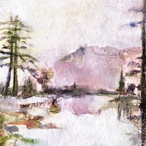 Arte em Lago de Montanha, Impressões Artísticas Originais, Montanha Nebulosa, Pintura de Amanhecer, Arte em Montanha Nebulosa de Inverno, Cinza, Branco e Rosa, Presente para Melhor Amiga