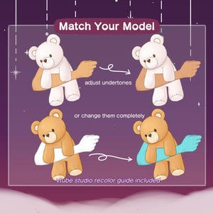 Pode incluir: Ilustra&ccedil;&atilde;o de quatro ursos de peluche com bra&ccedil;os de diferentes cores, mostrando como ajustar os tons ou alter&aacute;-los completamente. O texto "Match Your Model" est&aacute; no topo da imagem. O texto "adjust undertones" est&aacute; abaixo dos dois ursos de cima. O texto "or change them completely" est&aacute; abaixo dos dois ursos de baixo. O texto "Vtuber studio recolor guide included" est&aacute; na parte inferior da imagem.