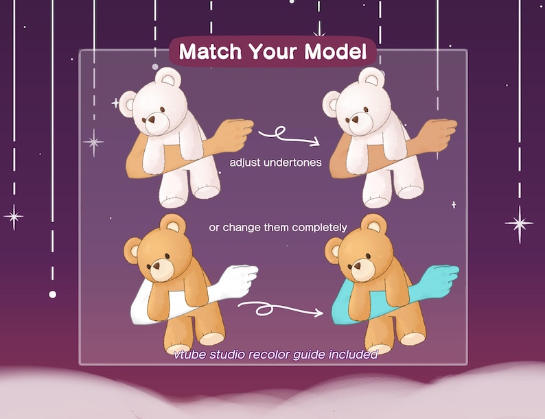 Pode incluir: Ilustra&ccedil;&atilde;o de quatro ursos de peluche com bra&ccedil;os de diferentes cores, mostrando como ajustar os tons ou alter&aacute;-los completamente. O texto "Match Your Model" est&aacute; no topo da imagem. O texto "adjust undertones" est&aacute; abaixo dos dois ursos de cima. O texto "or change them completely" est&aacute; abaixo dos dois ursos de baixo. O texto "Vtuber studio recolor guide included" est&aacute; na parte inferior da imagem.