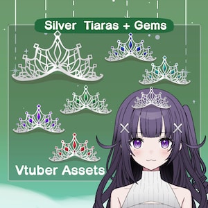 May include: An image showcasing silver tiaras adorned with gems in various colours, set against a green backdrop. The text "Silver Tiaras + Gems" and "Vtuber Assets" are visible. A cartoon character with purple hair and a silver tiara is also shown.
