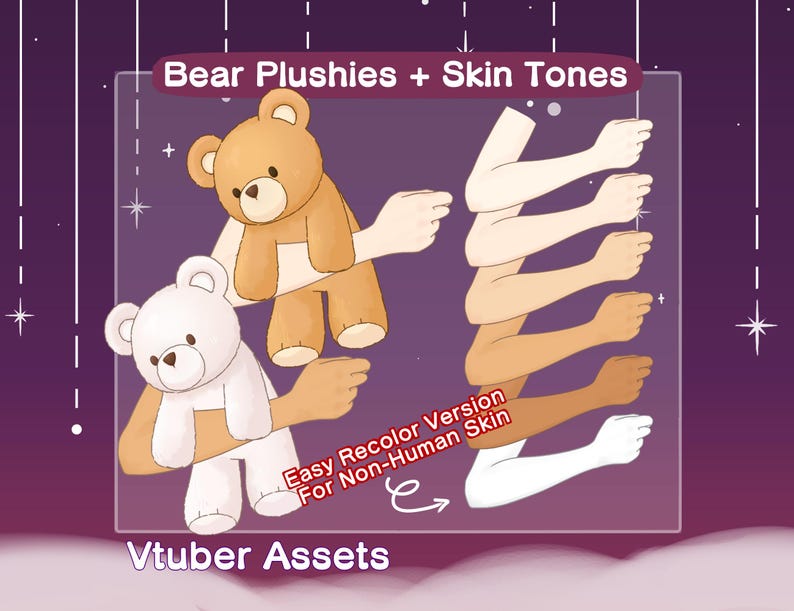 Pode incluir: Dois peluches de urso, um marrom e outro branco, com os bra&ccedil;os estendidos. A imagem tamb&eacute;m mostra cinco bra&ccedil;os de diferentes tons de pele, com o texto "Easy Recolor Version for Non-Human Skin" e "Vtuber Assets".
