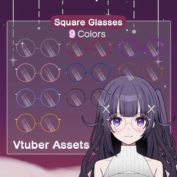 Vtuber Circle Glasses  Assets | Round Glasses | 9 Colors (red, pink, black, gold, silver, blue, purple, brown)