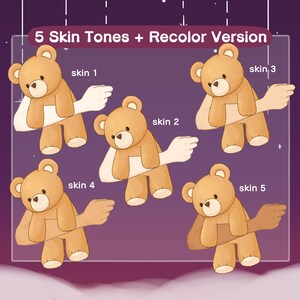 Pode incluir: Cinco varia&ccedil;&otilde;es de um urso de peluche castanho com diferentes tons de pele. Os ursos de peluche usam todos uma camisa branca com um bra&ccedil;o castanho. O texto "5 Skin Tones + Recolor Version" est&aacute; no topo da imagem. O texto "skin 1", "skin 2", "skin 3", "skin 4" e "skin 5" est&aacute; abaixo de cada urso de peluche.
