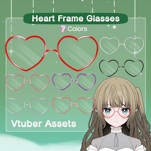 Könnte beinhalten: Das Bild zeigt herzförmige Brillengestelle in sieben Farben, darunter Rot, Weiß und Schwarz. Der Text lautet "Heart Frame Glasses" und "7 Colors". Der Text "Vtuber Assets" ist ebenfalls enthalten.