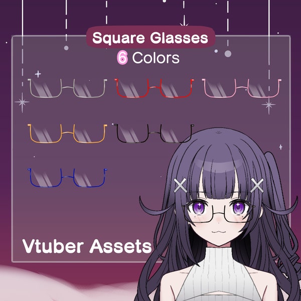 Vtuber Square Glasses  Assets | Rectangle Glasses | 6 Colors (silver, red, pink, gold, black, blue)