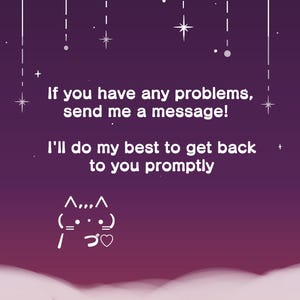 Pode incluir: Fundo roxo com estrelas e linhas brancas. O texto diz: "Se voc&ecirc; tiver algum problema, envie-me uma mensagem! Farei o meu melhor para responder o mais r&aacute;pido poss&iacute;vel." Um gato de desenho animado branco com um cora&ccedil;&atilde;o est&aacute; na parte inferior da imagem.
