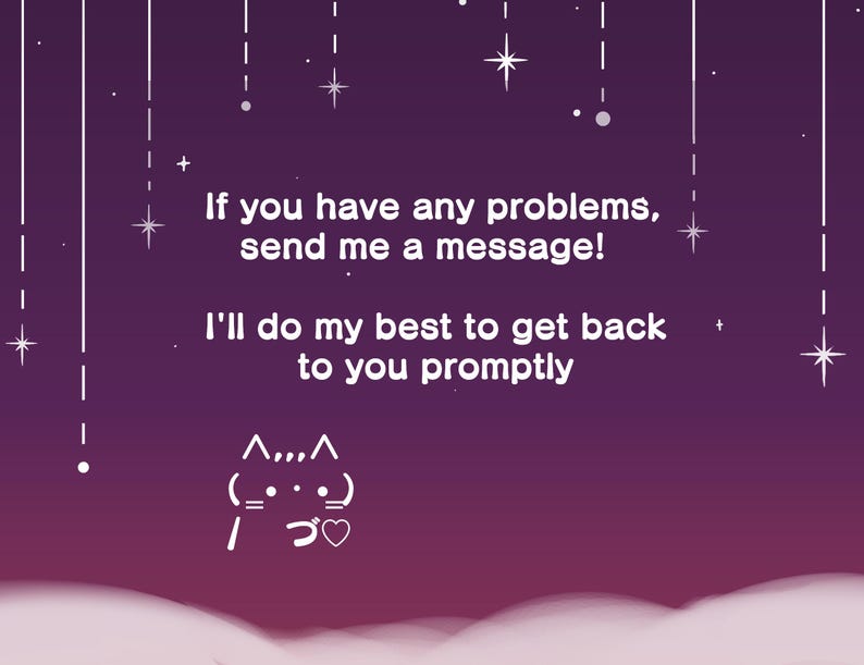 Pode incluir: Fundo roxo com estrelas e linhas brancas. O texto diz: "Se voc&ecirc; tiver algum problema, envie-me uma mensagem! Farei o meu melhor para responder o mais r&aacute;pido poss&iacute;vel." Um gato de desenho animado branco com um cora&ccedil;&atilde;o est&aacute; na parte inferior da imagem.