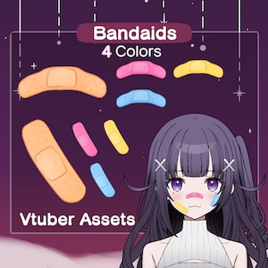 May include: A digital illustration of a cartoon character with purple hair and a white shirt. The character has a yellow and blue bandage on their face. The image also includes a set of colorful band-aids in various shapes and sizes. The text "Band-aids 4 Colors" and "Vtuber Assets" are also included in the image.