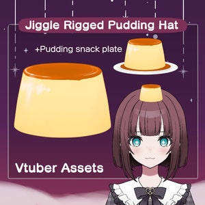 Puede incluir: Un sombrero de pudín animado para YouTubers virtuales. El sombrero es un pudín amarillo con una cobertura de caramelo marrón. El sombrero se muestra en un personaje con cabello castaño y ojos azules. El texto "Jiggle Rigged Pudding Hat" y "Vtuber Assets" también se muestra en la imagen.
