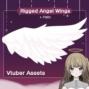 Pode incluir: Asas de anjo brancas com um halo, preparadas para uso em realidade virtual. As asas são mostradas em um fundo roxo com estrelas. O texto "Rigged Angel Wings + Halo" e "Vtuber Assets" também é visível.