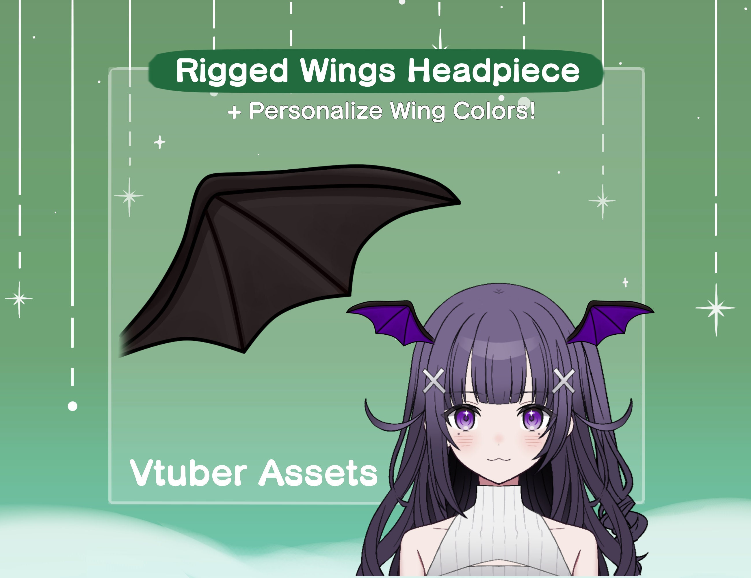 Vtuber Wing Headpiece Asset | Rigged Demon Wing Head Accessory | Dragon Bat Wings