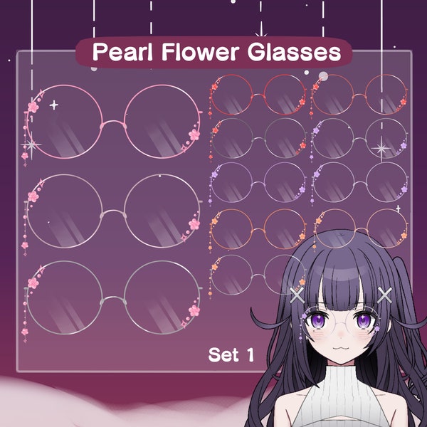 Vtuber Flower Glasses Asset | Pearl Flower Glasses | Flower Circle Glasses | Pink Red Purple Orange Round Glasses (Set 1)