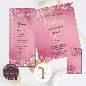 Zestaw zaproszeń urodzinowych z różowym brokatem, edytowalny | menu na lunch lub kolację | wydarzenie specjalne | kartka/etykieta z podziękowaniami, zabawne dziewczęce zaproszenie, HB8