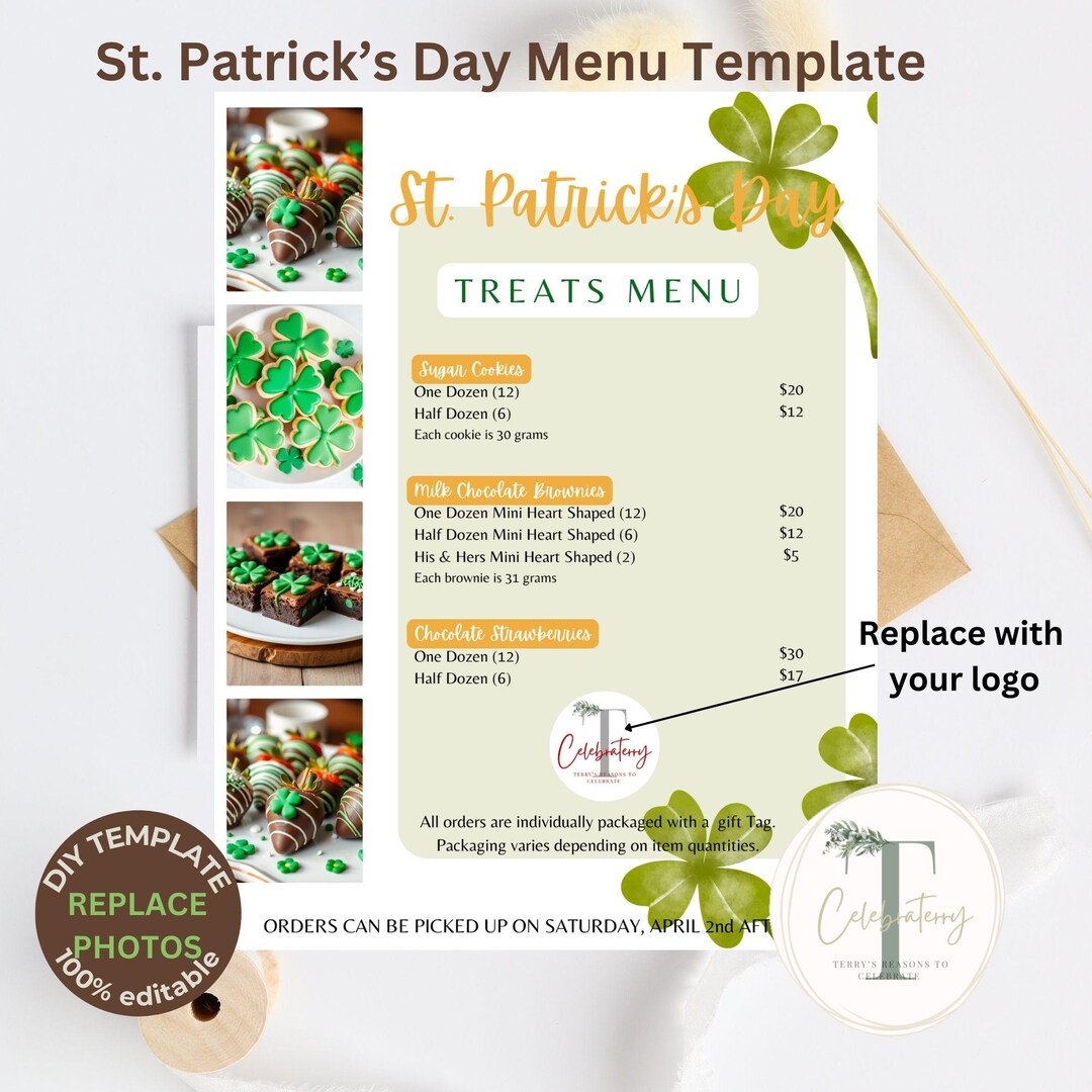 St. Patrick's Day Menu | March Treats Flyer Template | Editable | Small ...