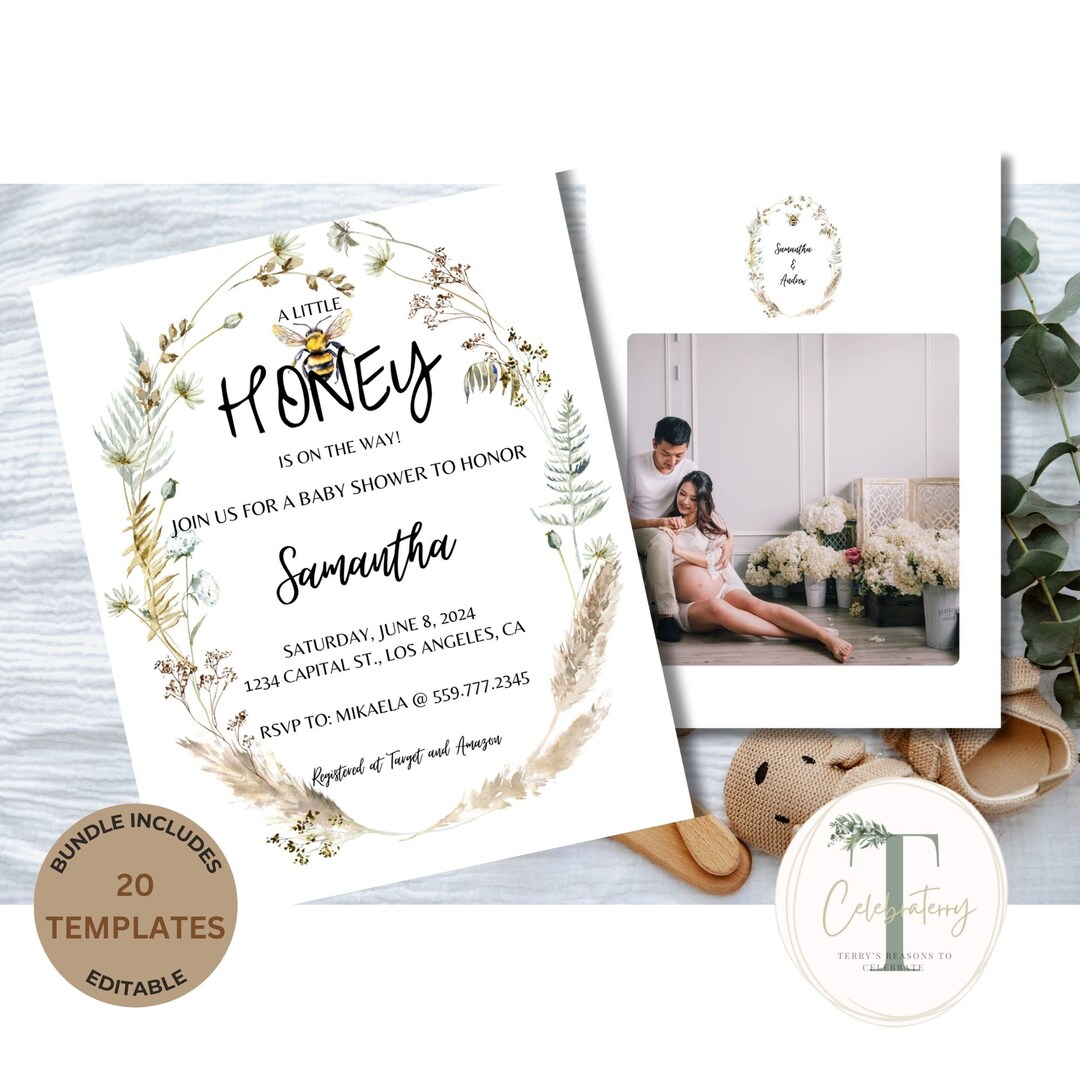 Bumble Bee Baby Shower Invitation Bundle, Gender Neutral (editable ...