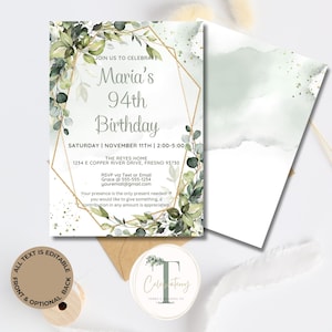 Birthday invitation, elegant birthday template, editable birthday party invitation, green and gold birthday invitation, HB6