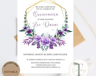 Puede incluir: Corona floral morada y verde con marco geométrico dorado, el texto dice "Quinceañera" y "Zoe Danae", invitación a una celebración de quinceañera el 30 de agosto de 20XX a las 11:00 AM, Iglesia de San José, 123 W. Lincoln, Fresno, CA, recepción en Copper River Golf Club, 3456 Copper River Drive, Fresno, CA.