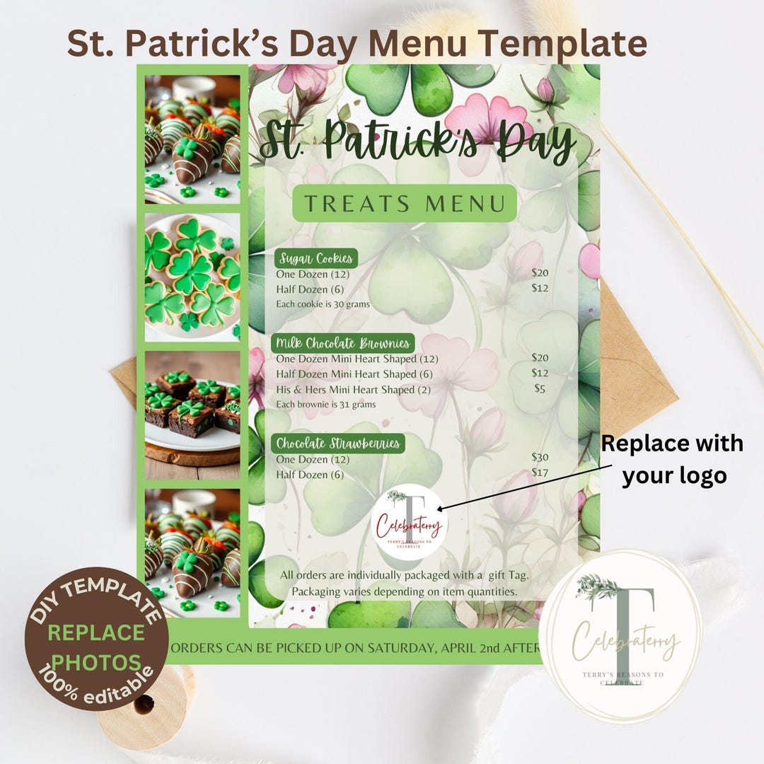 St. Patrick's Day Menu | March Treats Flyer Template | Editable | Small ...