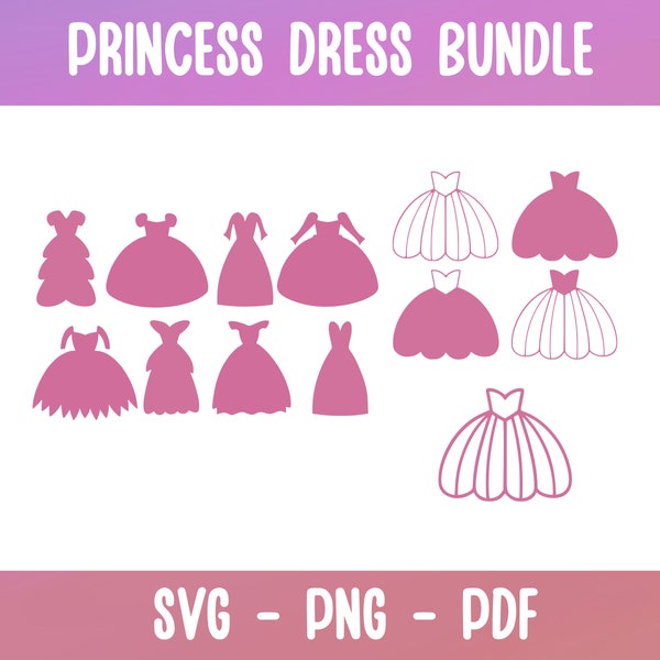 Princess Dress SVG & PNG for Silhouette or Cricut plotter, Girl decoration party, Wedding theme, bridal dress, gown