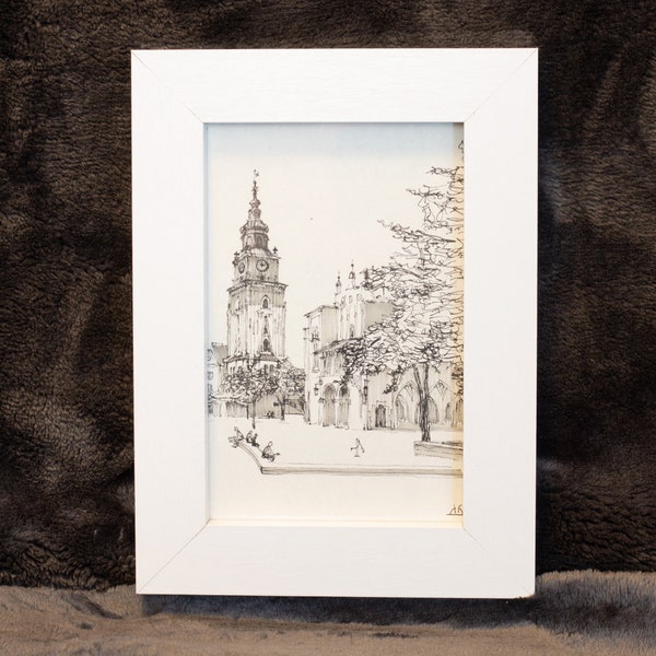 Original drawing with a view of the town hall tower in Krakow. Paper, fineliners. Framed in a wooden frame with glass. Poland. Artwork.