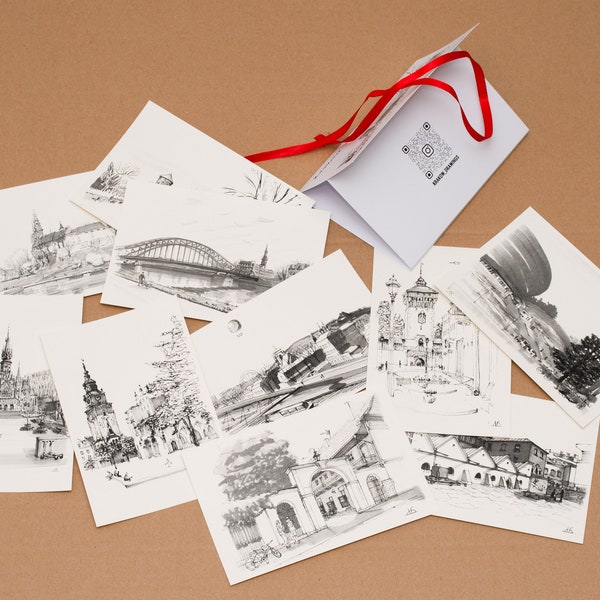 Set of 10 art cards 10x15 cm with my drawings of Krakow. Cityscape, Poland, Laser print, Travel gift.