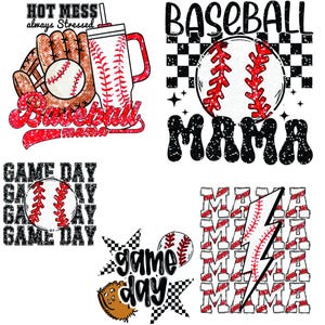 Op de afbeelding: Een verzameling honkbalthema-afbeeldingen. Ontwerpen omvatten een honkbal, een handschoen, een beker en de woorden "Baseball Mama", "Game Day" en "Hot Mess always Stressed". Het kleurenschema is rood, wit, zwart en bruin.