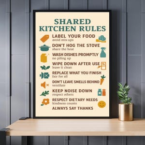 Könnte beinhalten: Ein gerahmtes Poster mit dem Text "SHARED KITCHEN RULES" in Grün und Braun. Das Poster listet Regeln wie "Label Your Food" und "Always Say Thanks" mit entsprechenden Symbolen auf. Eine kleine Pflanze in einem goldenen Topf steht auf einer Holzoberfläche.