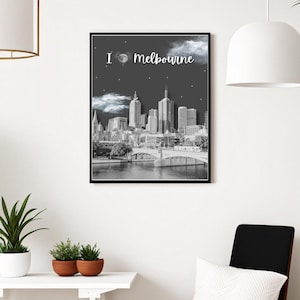 Arte mural de paisaje urbano de Melbourne / Fotografía de Australia / Decoración urbana moderna / Impresión artística enmarcada / Horizonte de la ciudad