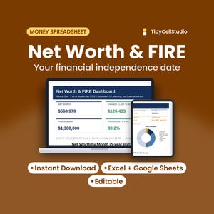Hoja de cálculo para el seguimiento del patrimonio neto y la planificación de la independencia financiera (FIRE), proyección de la independencia financiera, Excel y Google Sheets.