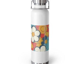 Orange Retro Flowers, Copper Vacuum Insulated Bottle 22oz, Water Bottle for Mom, Mothers Day Gift