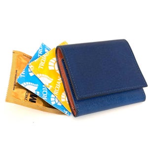Luxury leather condom case wallet  - handmade with premium Tuscan Italian leather - slim discreet secure with snap closure - BLUE